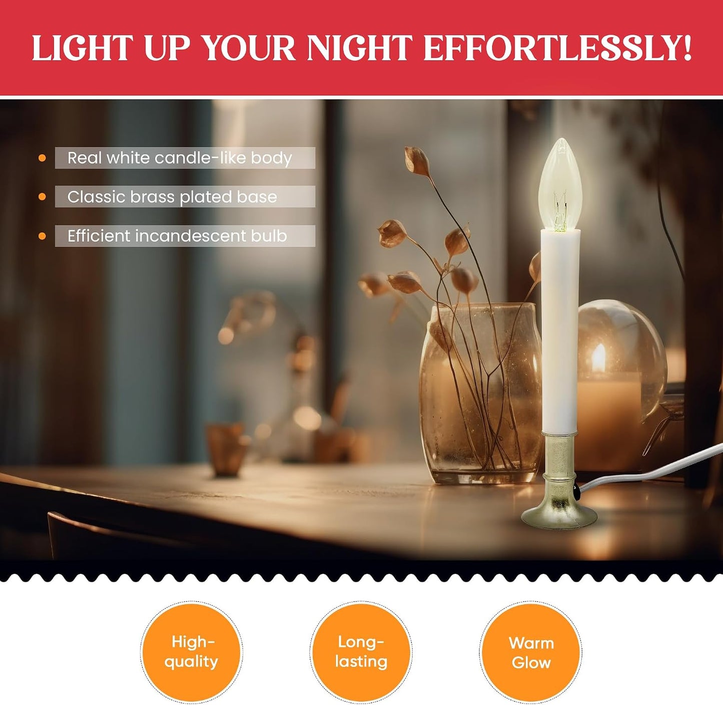 Electric Sensor Window Candle w/ Brass Plated Base, Dusk to Dawn Sensor Turns Candle on in Dark and Off in Light, Ready to Use!