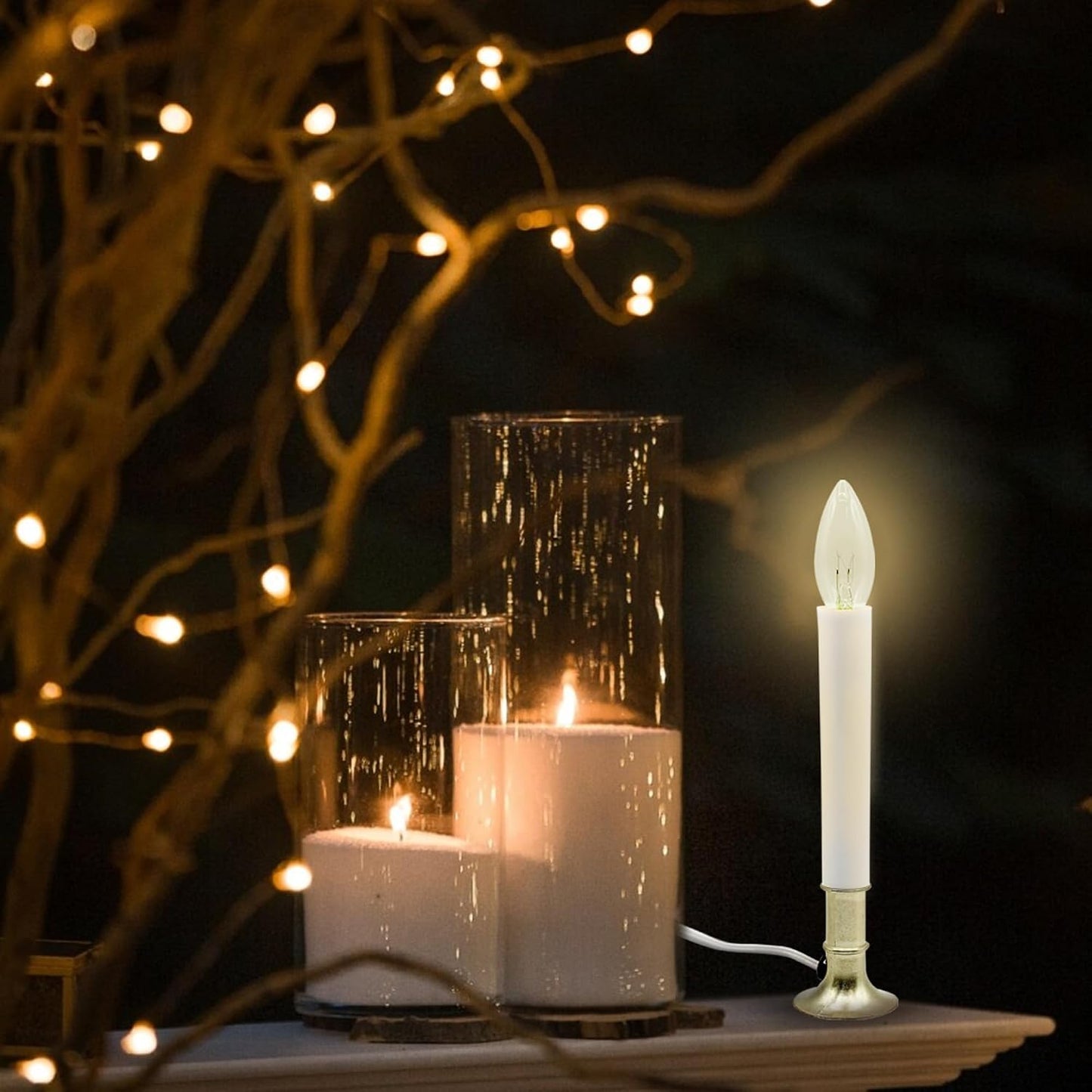 Electric Sensor Window Candle w/ Brass Plated Base, Dusk to Dawn Sensor Turns Candle on in Dark and Off in Light, Ready to Use!