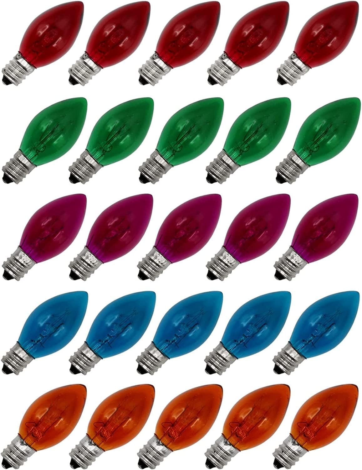 Colored C7 E12 Random Blinking Light Bulbs, 7 Watt, for Christmas Strings and Night Lights - 25 Pack