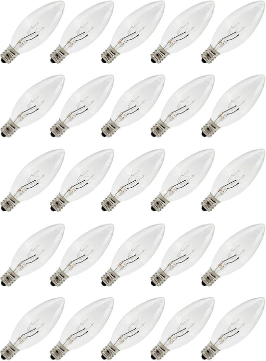 Clear E12 Torpedo Light Bulbs, 7 Watt, for Window Candles and Chandeliers - 25 Pack