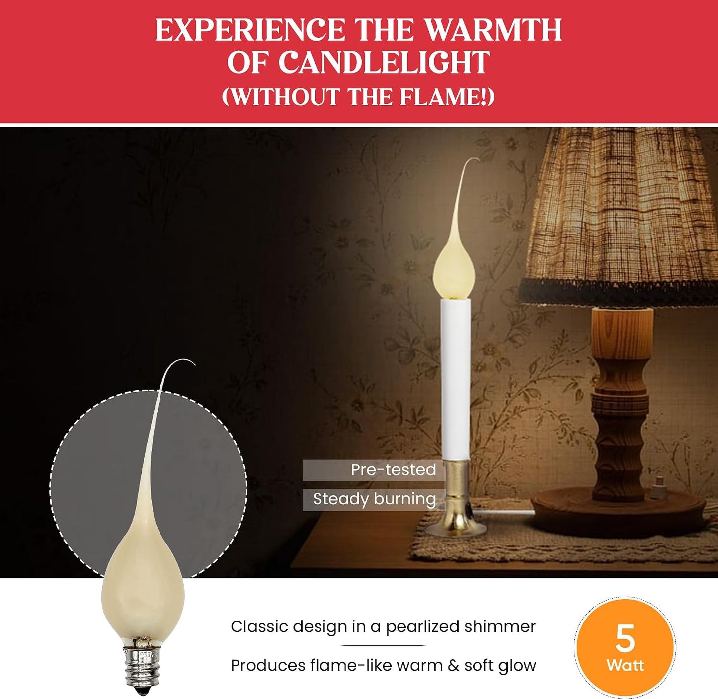 Country Style Silicone Dipped Candle Light Bulbs (Pkg of 10 Bulbs) ~ 5 Watt Pearlized Silicone, Gold Glow