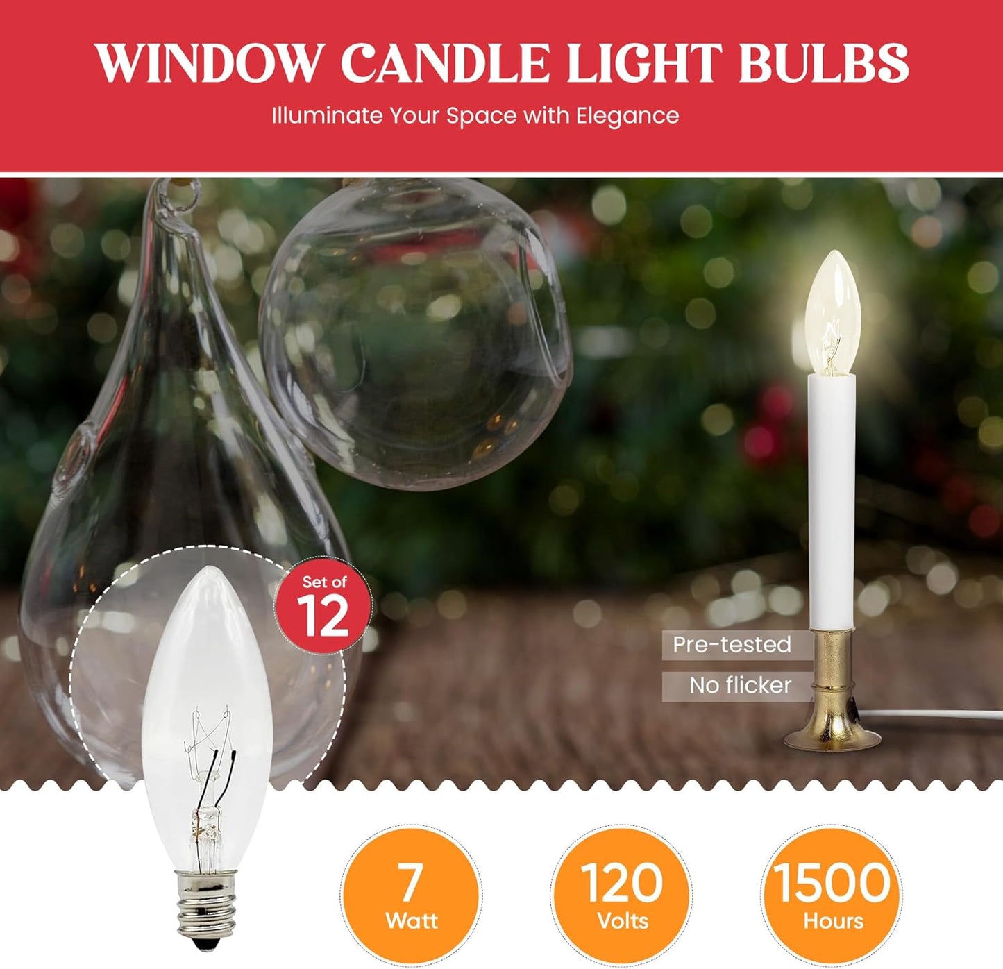 Clear E12 Torpedo Light Bulbs, 7 Watt, for Window Candles and Chandeliers - 25 Pack