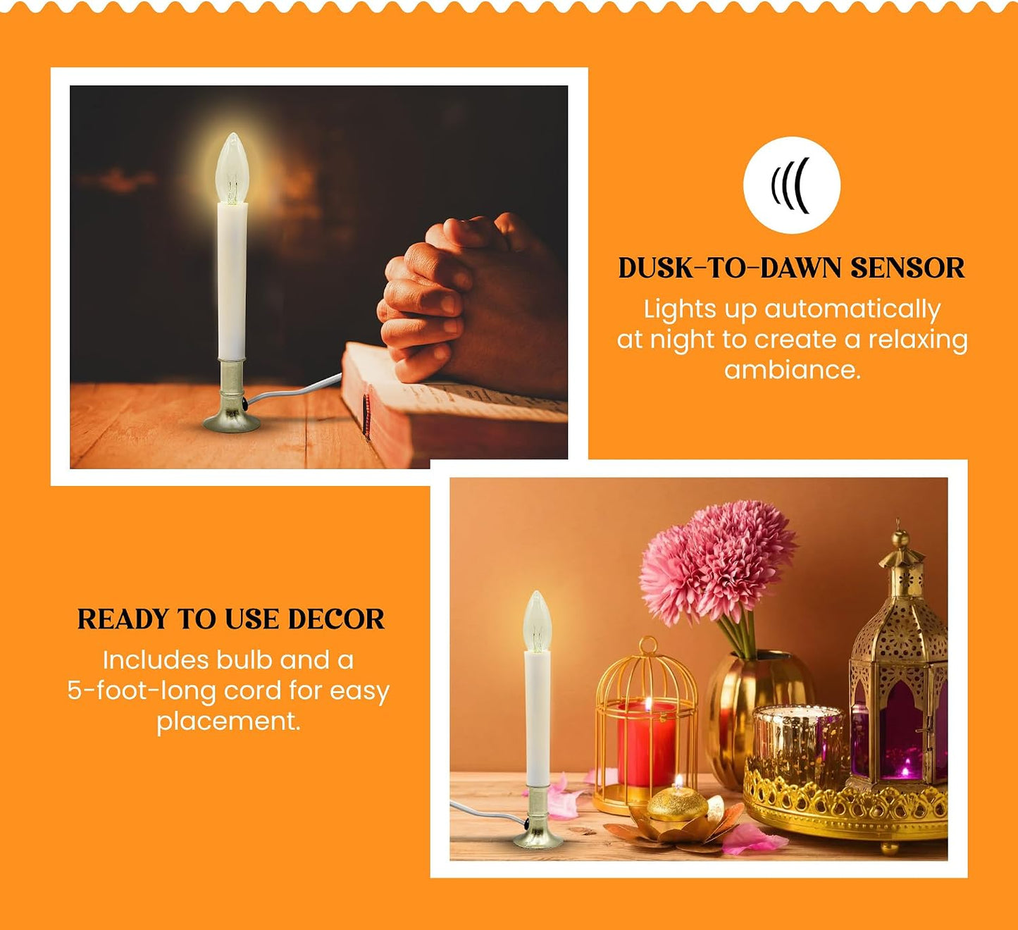 Electric Sensor Window Candle w/ Brass Plated Base, Dusk to Dawn Sensor Turns Candle on in Dark and Off in Light, Ready to Use!