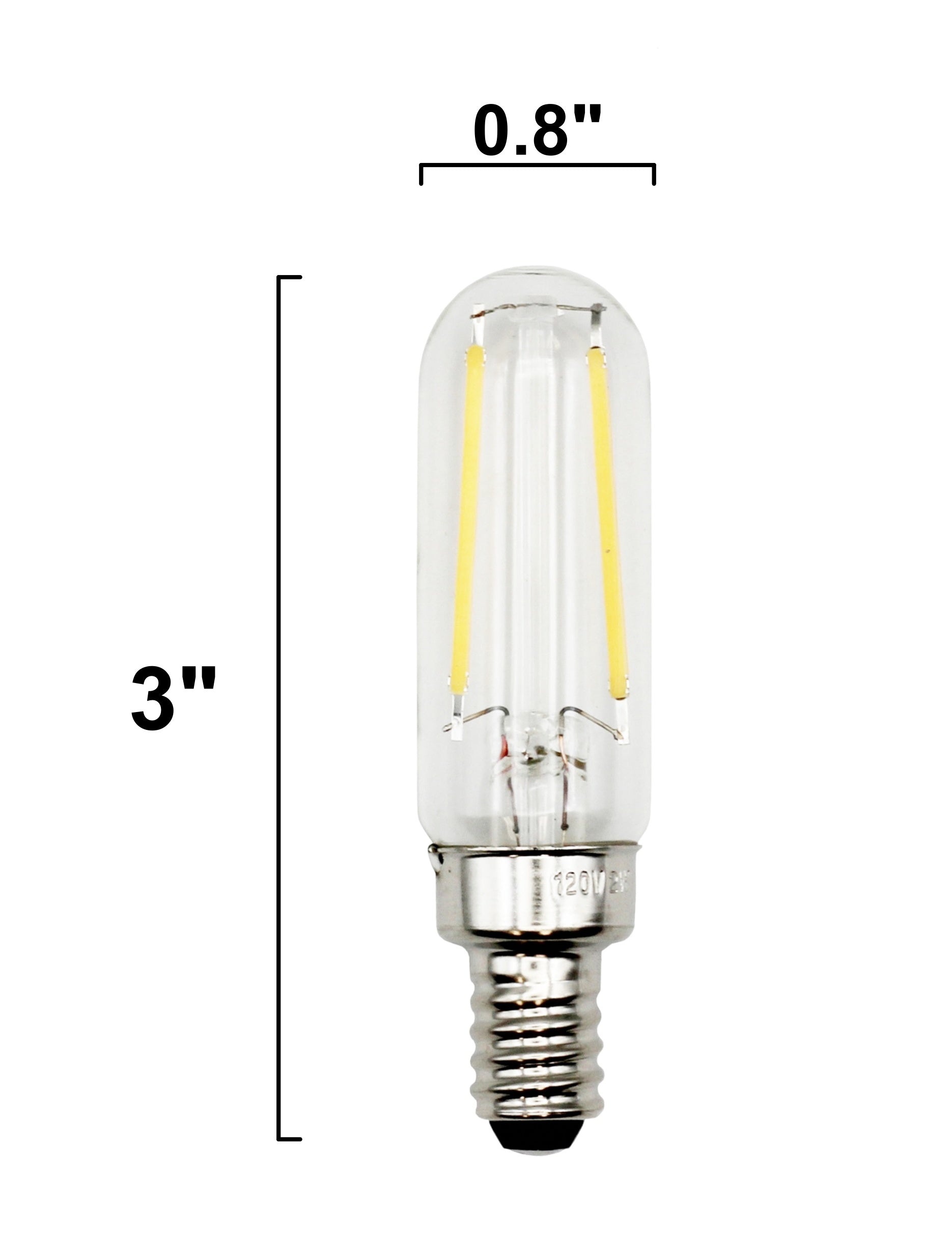 6 Pack of T6 LED Tubular Bulbs, 2W 120V, E12 Candelabra Base, Clear Glass - side view