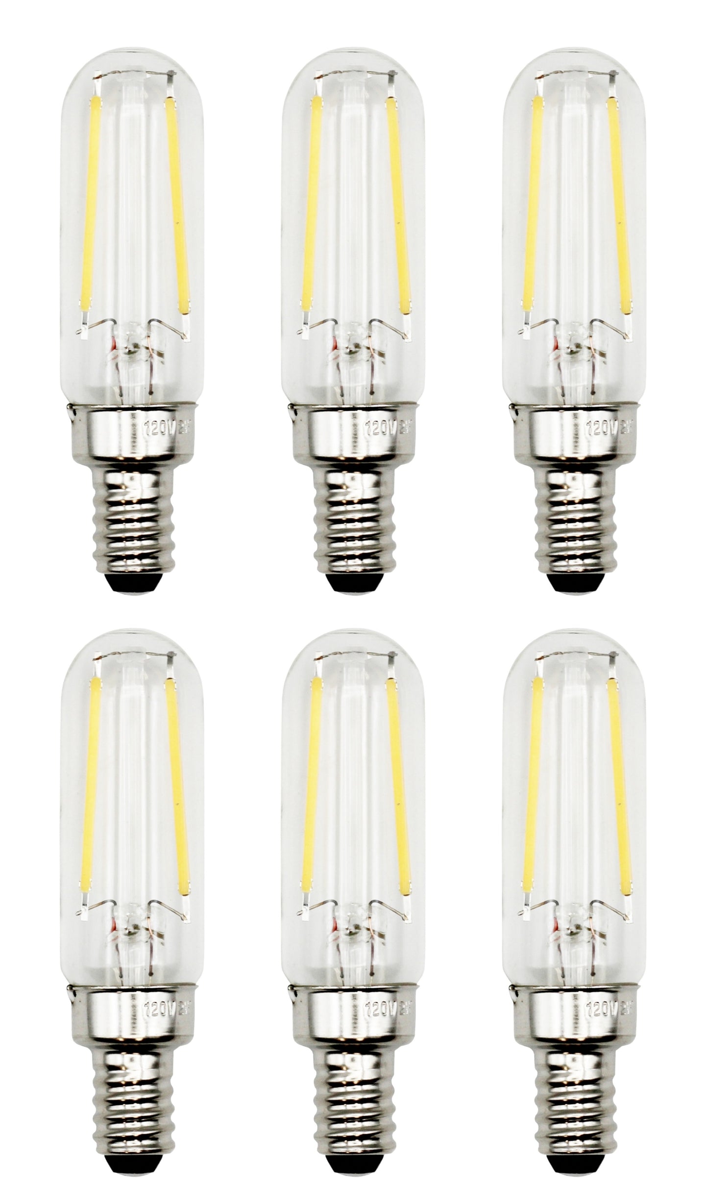 6 Pack of T6 LED Tubular Bulbs, 2W 120V, E12 Candelabra Base, Clear Glass