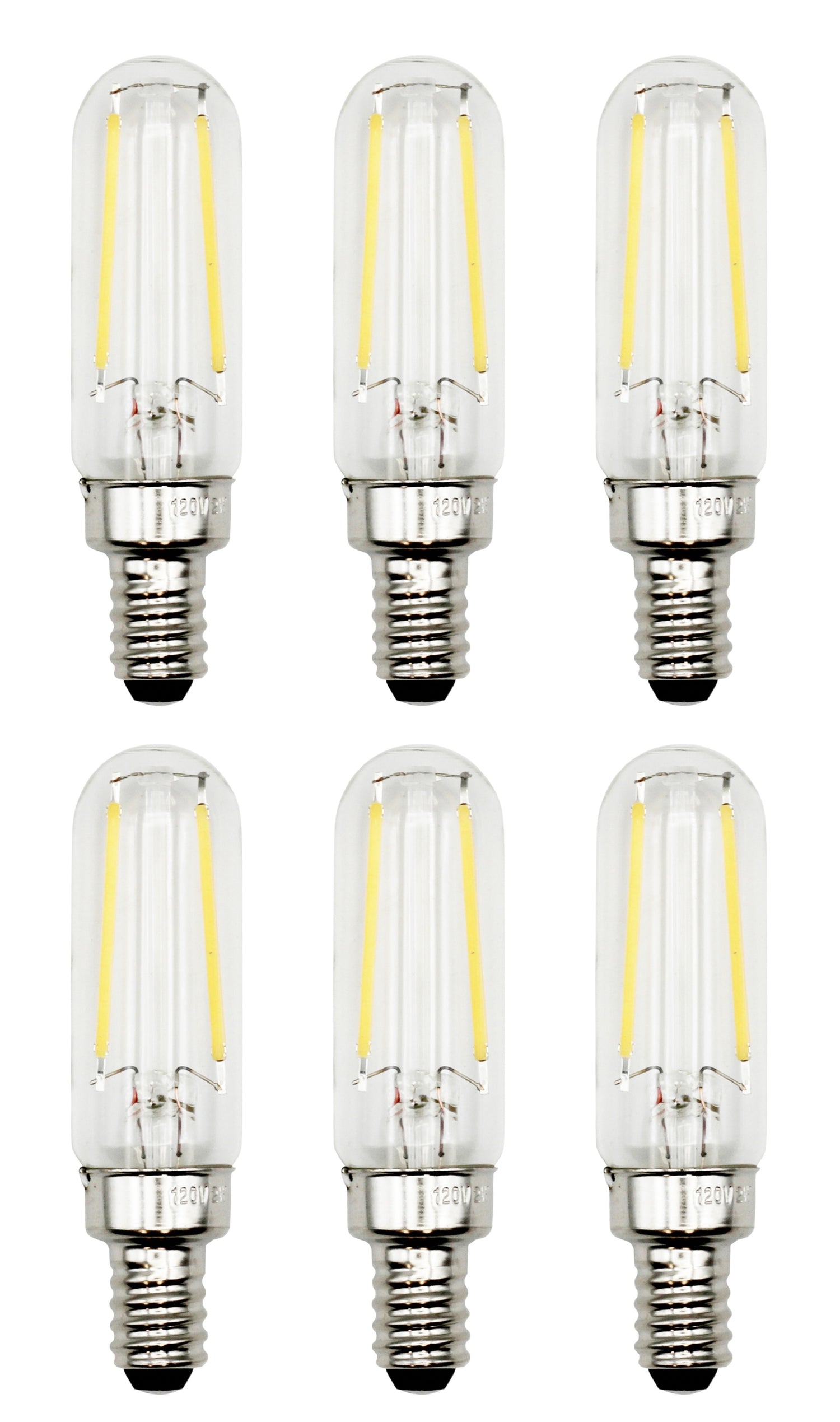 6 Pack of T6 LED Tubular Bulbs, 2W 120V, E12 Candelabra Base, Clear Glass