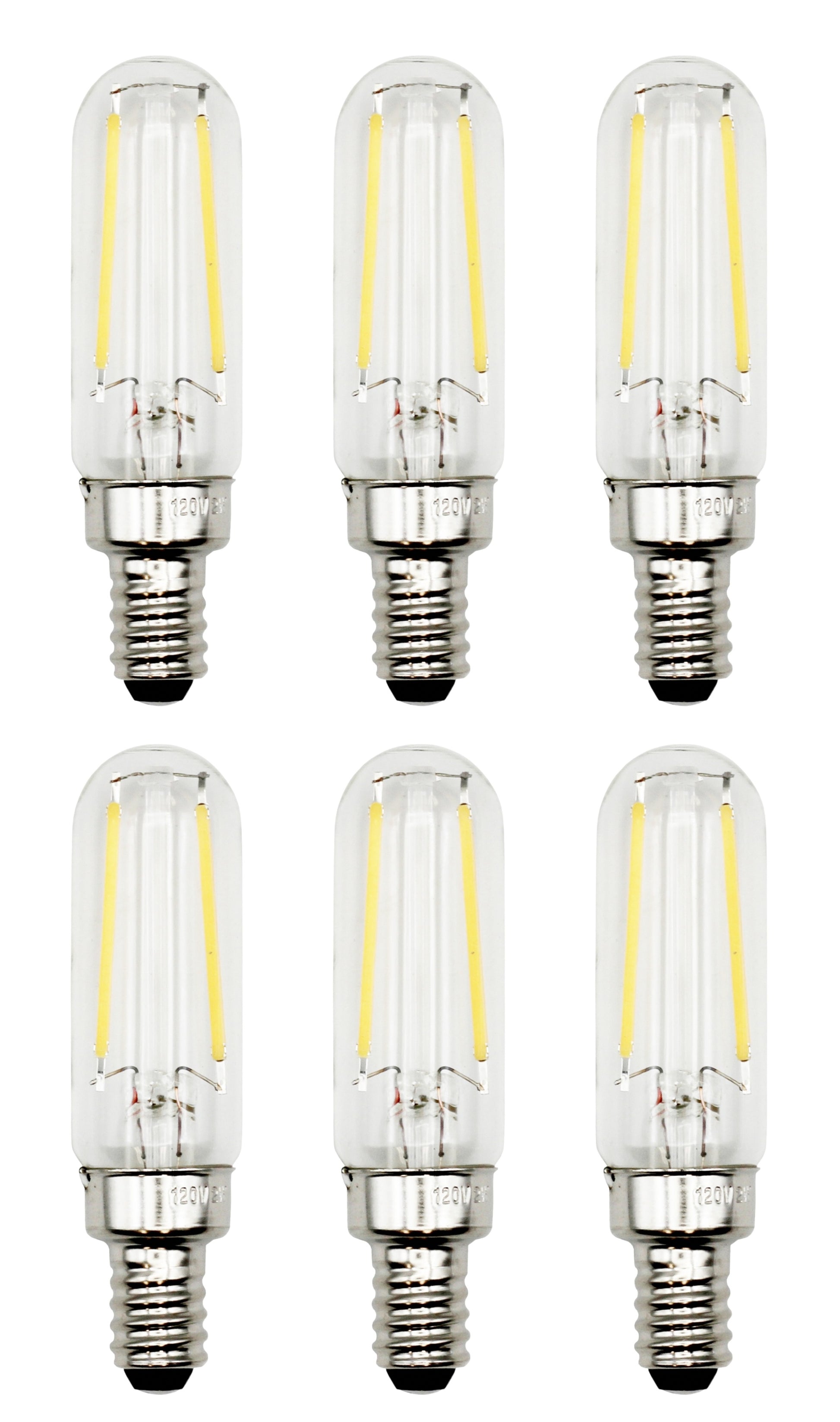 6 Pack of T6 LED Tubular Bulbs, 2W 120V, E12 Candelabra Base, Clear Glass