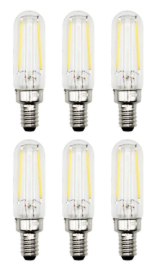 6 Pack of T6 LED Tubular Bulbs, 2W 120V, E12 Candelabra Base, Clear Glass