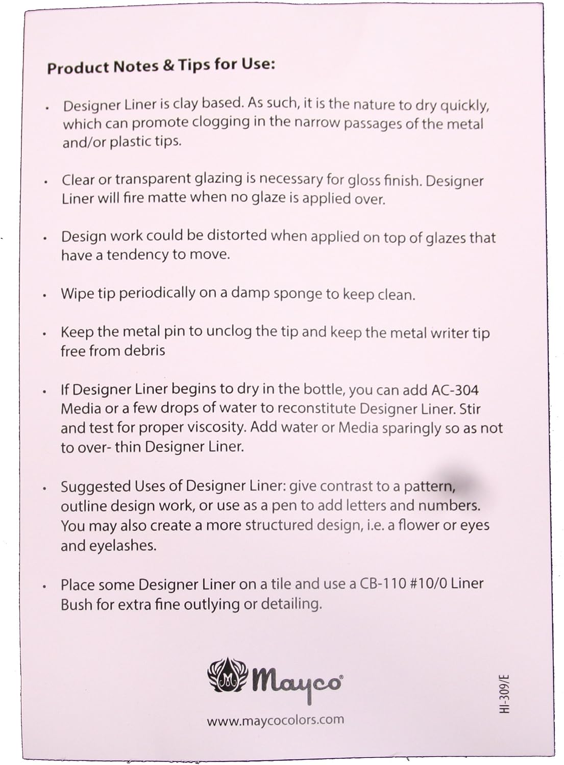 Mayco Designer Liner Ceramic Glaze Writers - 1.25 Ounce Each, Kit of All 10 Colors Plus Free Instructional Booklet