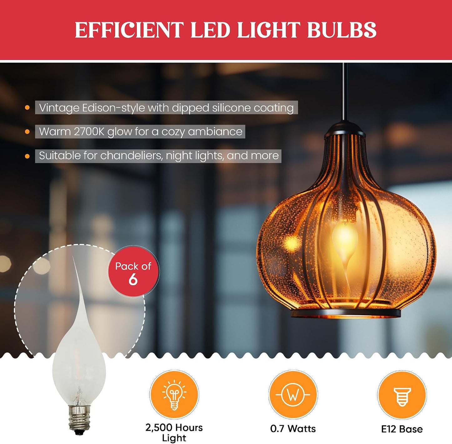 Silicone LED Night Light Bulbs, C7 Replacement Light Bulbs – 0.7W Equivalent to 4W 5W 6W 7W Incandescent, White Warm 2700K, Christmas String Lights, Electric Window Candles | 6 Pack