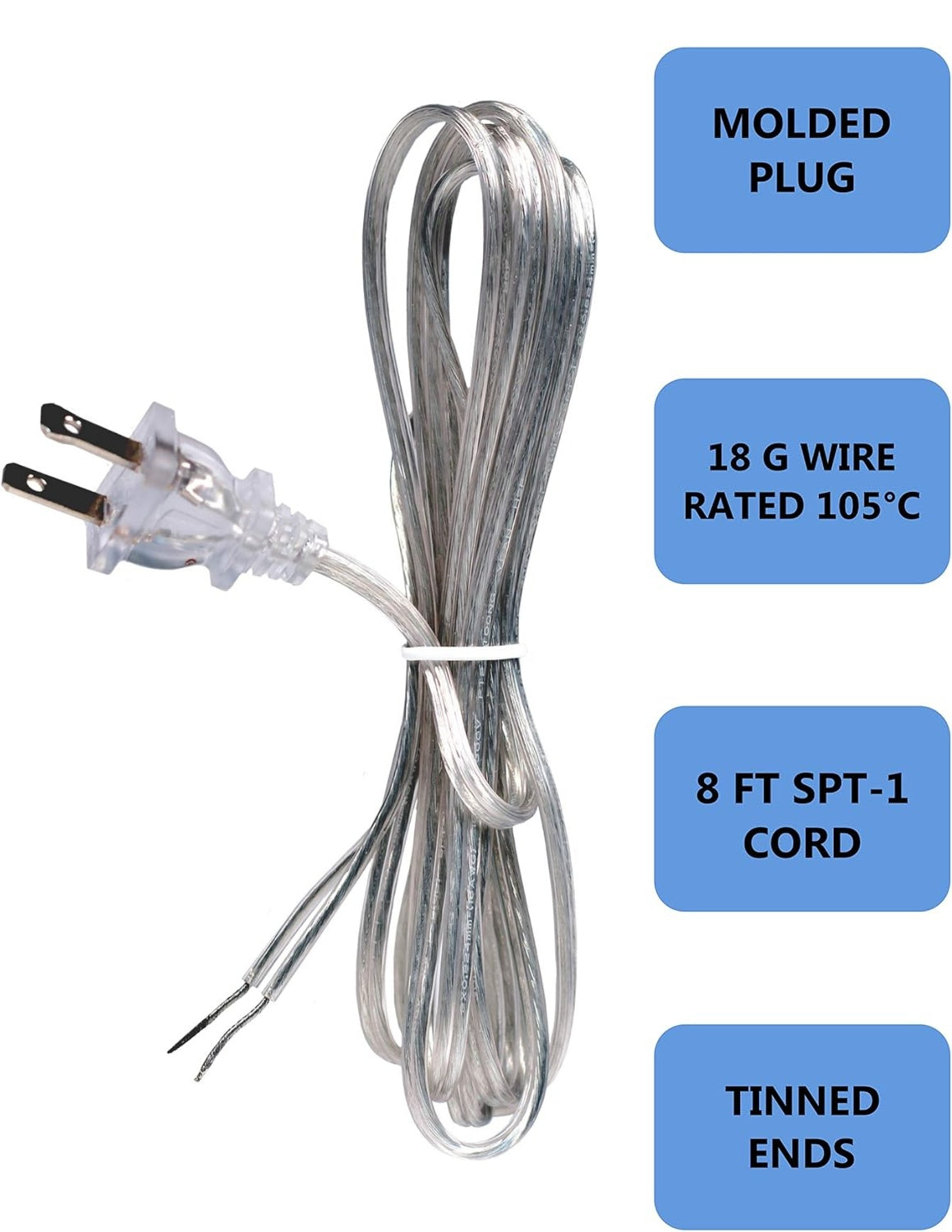 Gold 18 Gauge Lamp Cord with Polarized Plug and Stripped Tinned Ends - 8 Foot