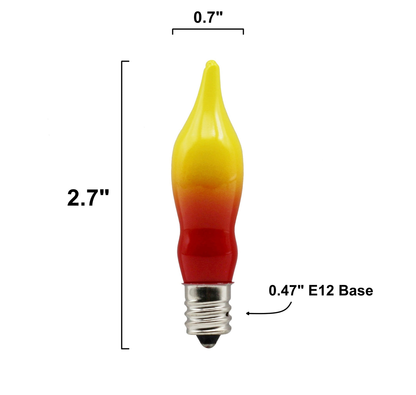 12 Pack Orange & Red Flame Tip Incandescent Bulbs, 7W 120V, E12 Candelabra - detail