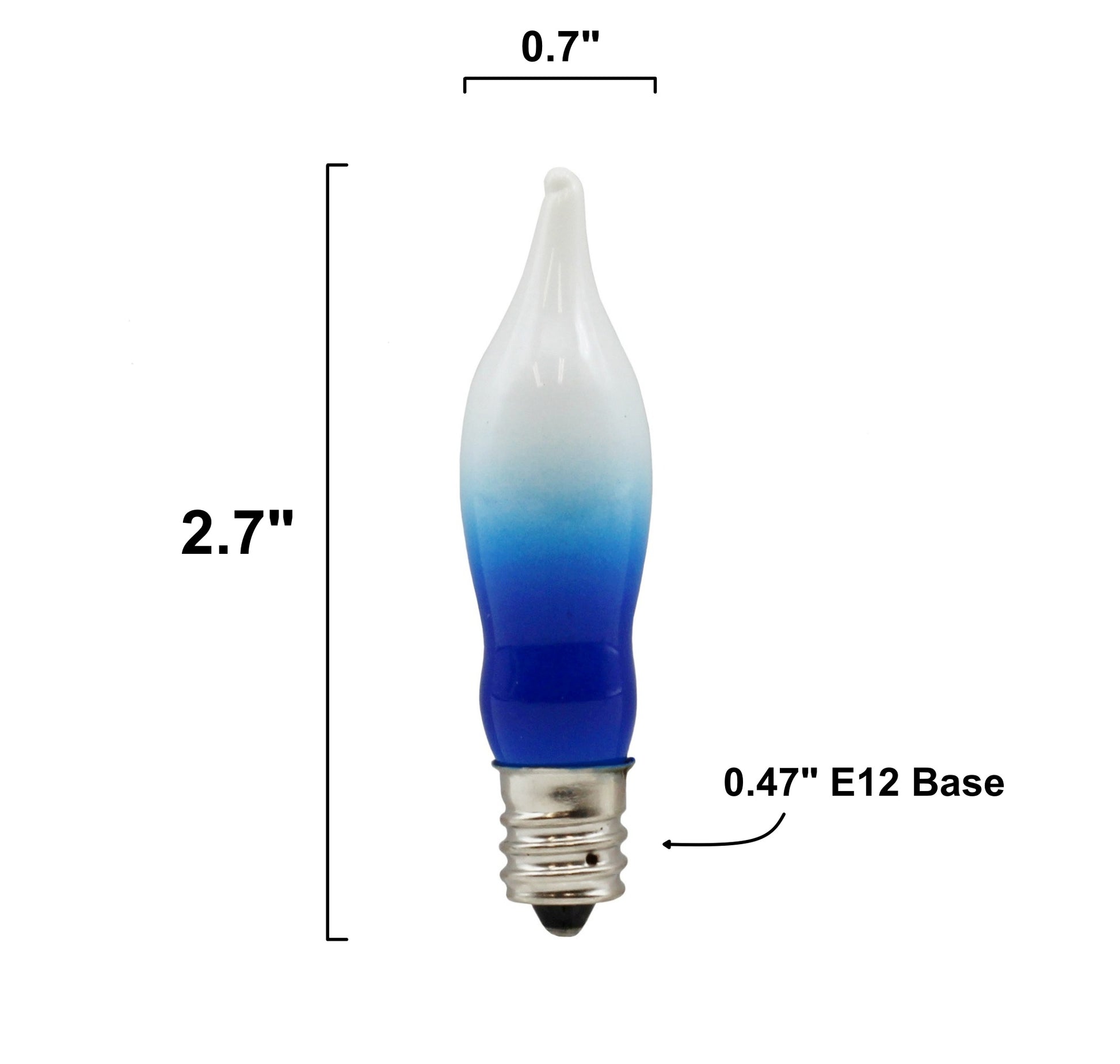12 Pack Blue & White Flame Tip Incandescent Bulbs, 7W 120V, E12 Candelabra - detail