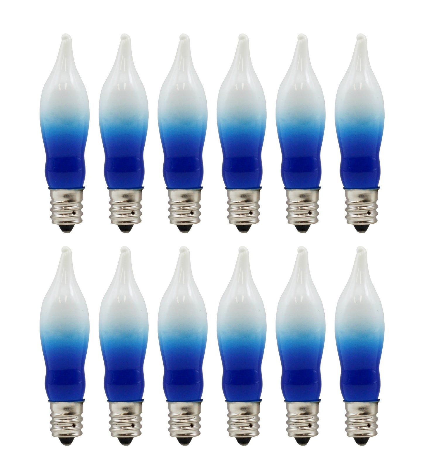 12 Pack Blue & White Flame Tip Incandescent Bulbs, 7W 120V, E12 Candelabra - glass, for candle