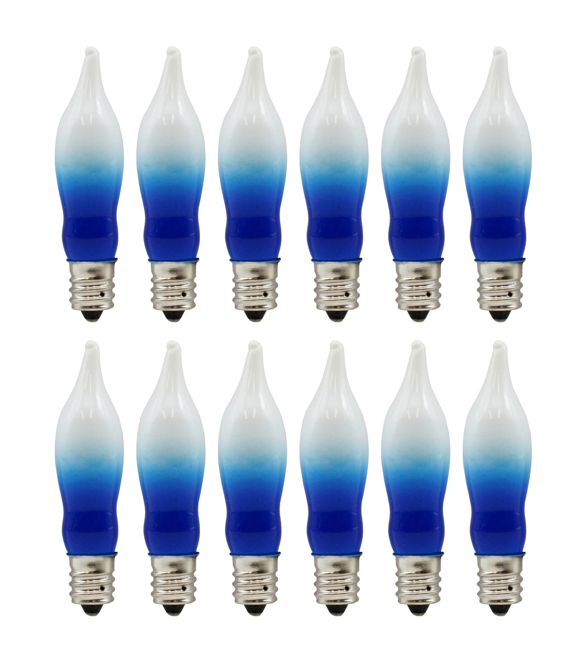 12 Pack Blue & White Flame Tip Incandescent Bulbs, 7W 120V, E12 Candelabra - glass, for candle
