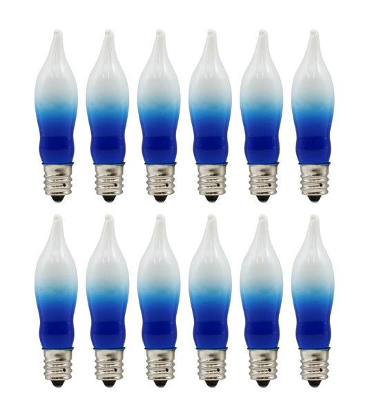 12 Pack Blue & White Flame Tip Incandescent Bulbs, 7W 120V, E12 Candelabra - glass, for candle
