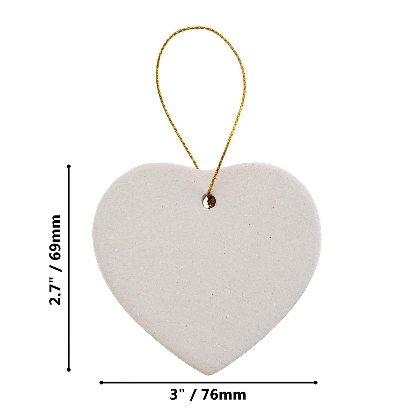 Ready to Paint DIY Ceramic Bisque Heart Ornaments with Hanger for Christmas - side view
