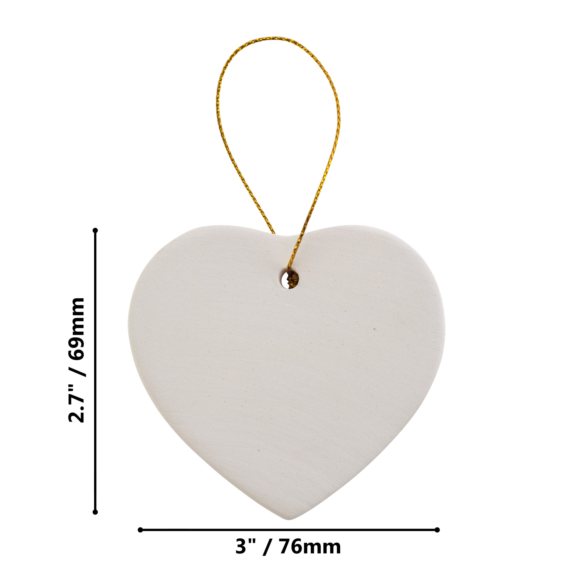 Ready to Paint DIY Ceramic Bisque Heart Ornaments with Hanger for Christmas - side view