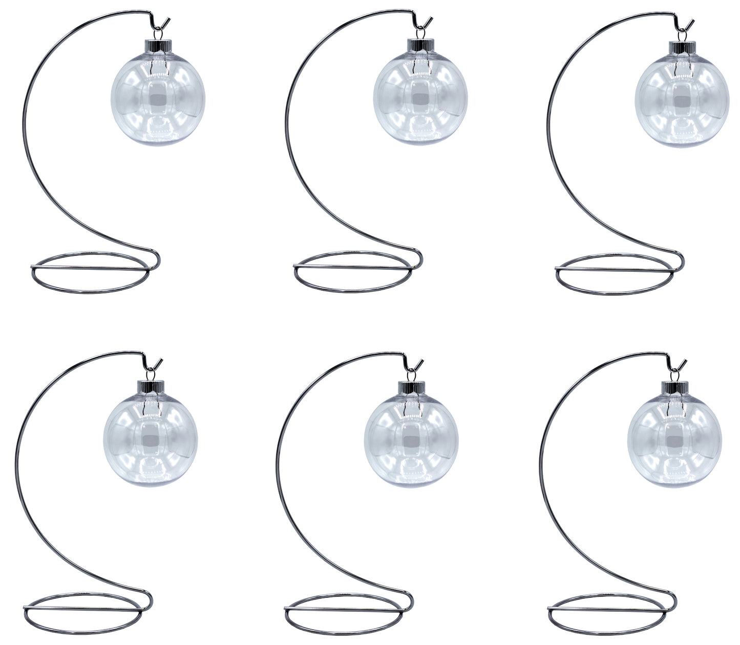 6 Sets - Silver Ornament Display Stand & 67mm Clear Plastic Ornament Ball - chrome