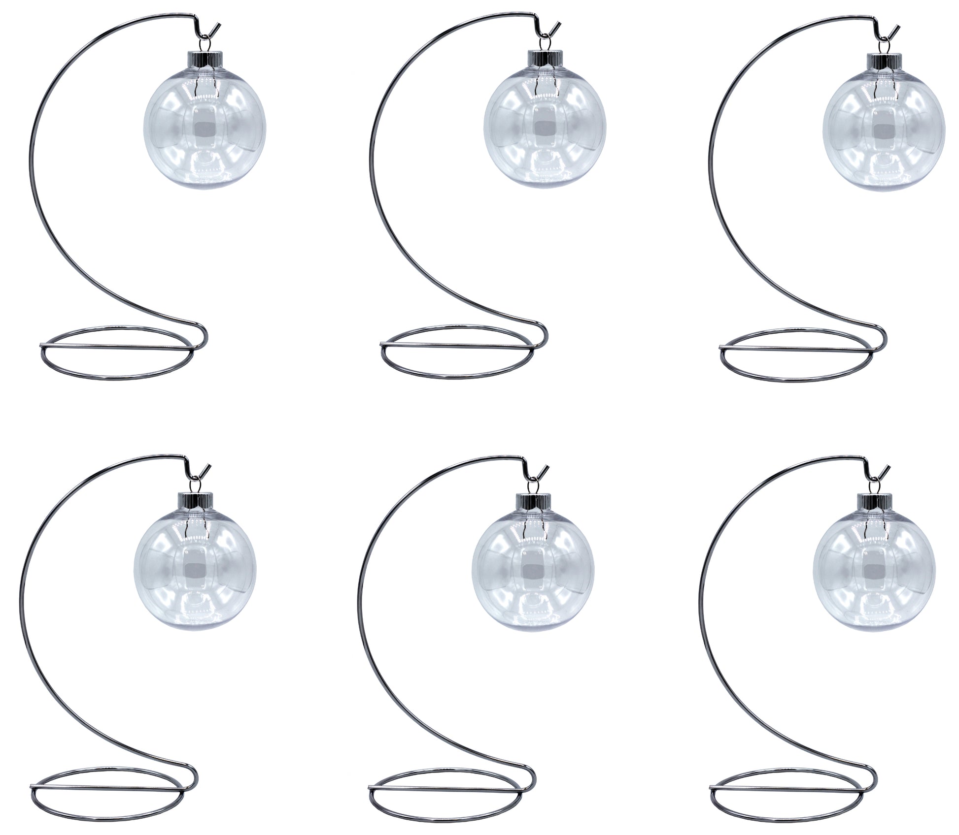6 Sets - Silver Ornament Display Stand & 67mm Clear Plastic Ornament Ball - chrome