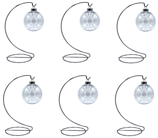 6 Sets - Silver Ornament Display Stand & 67mm Clear Plastic Ornament Ball - chrome