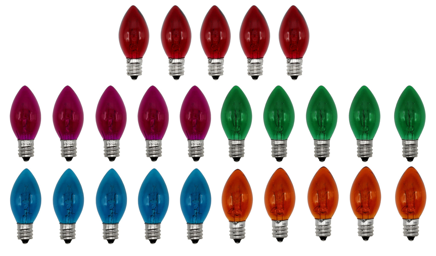 Box of 25 Colored Light Bulbs, Random Blinking, 7 Watt, C7 Candelabra Base - close-up