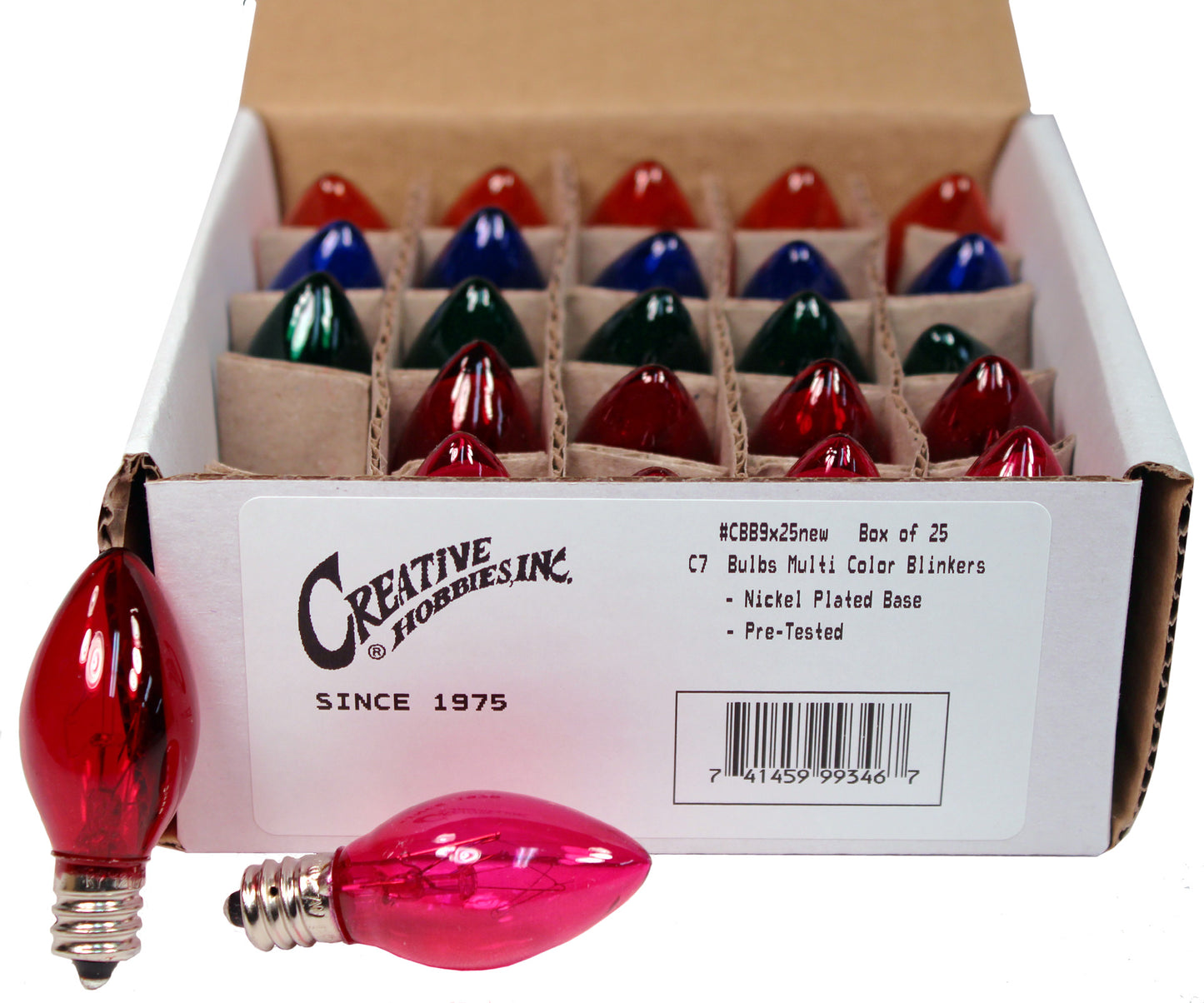 Box of 25 Colored Light Bulbs, Random Blinking, 7 Watt, C7 Candelabra Base - side view