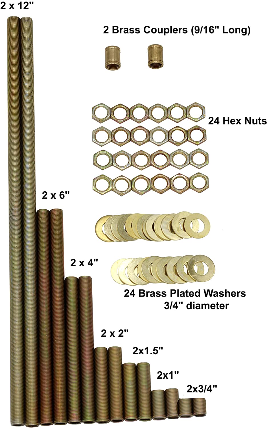 64 Piece Lamp Repair Hardware Assortment Pack, Includes 12 Inch All Thread Lamp - side view