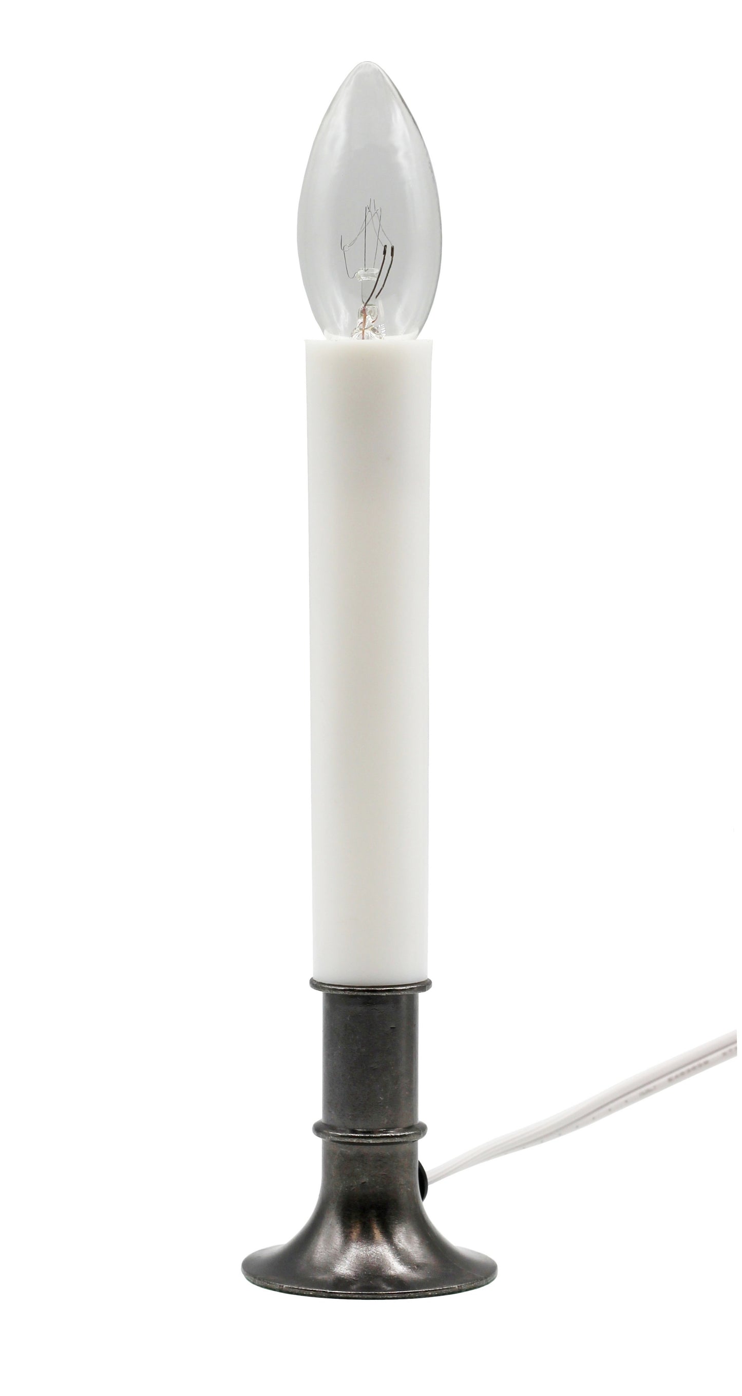 Electric Window Candle Lamp with Pewter Plated Base, Dusk to Dawn Sensor Turns - metal