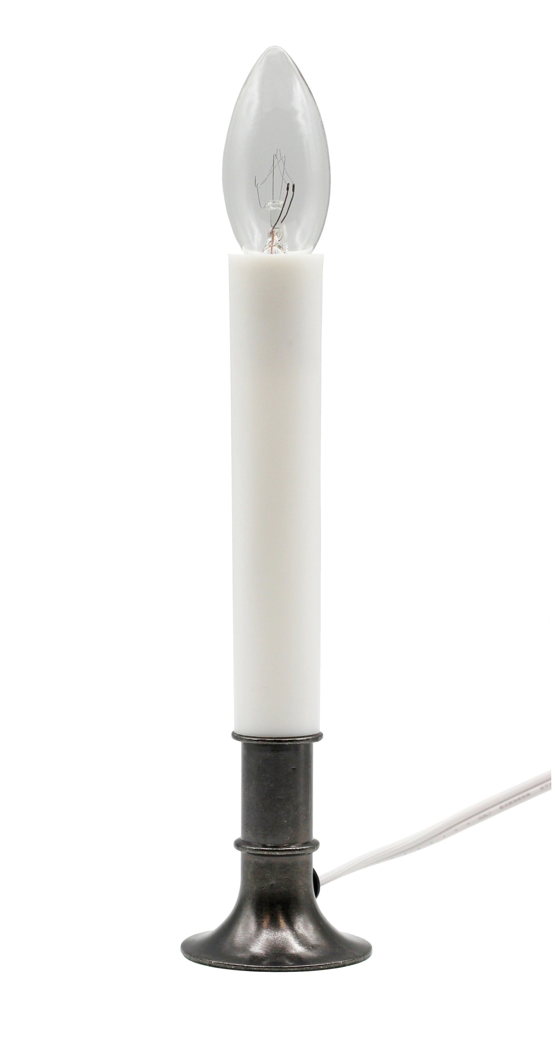 Electric Window Candle Lamp with Pewter Plated Base, Dusk to Dawn Sensor Turns - metal