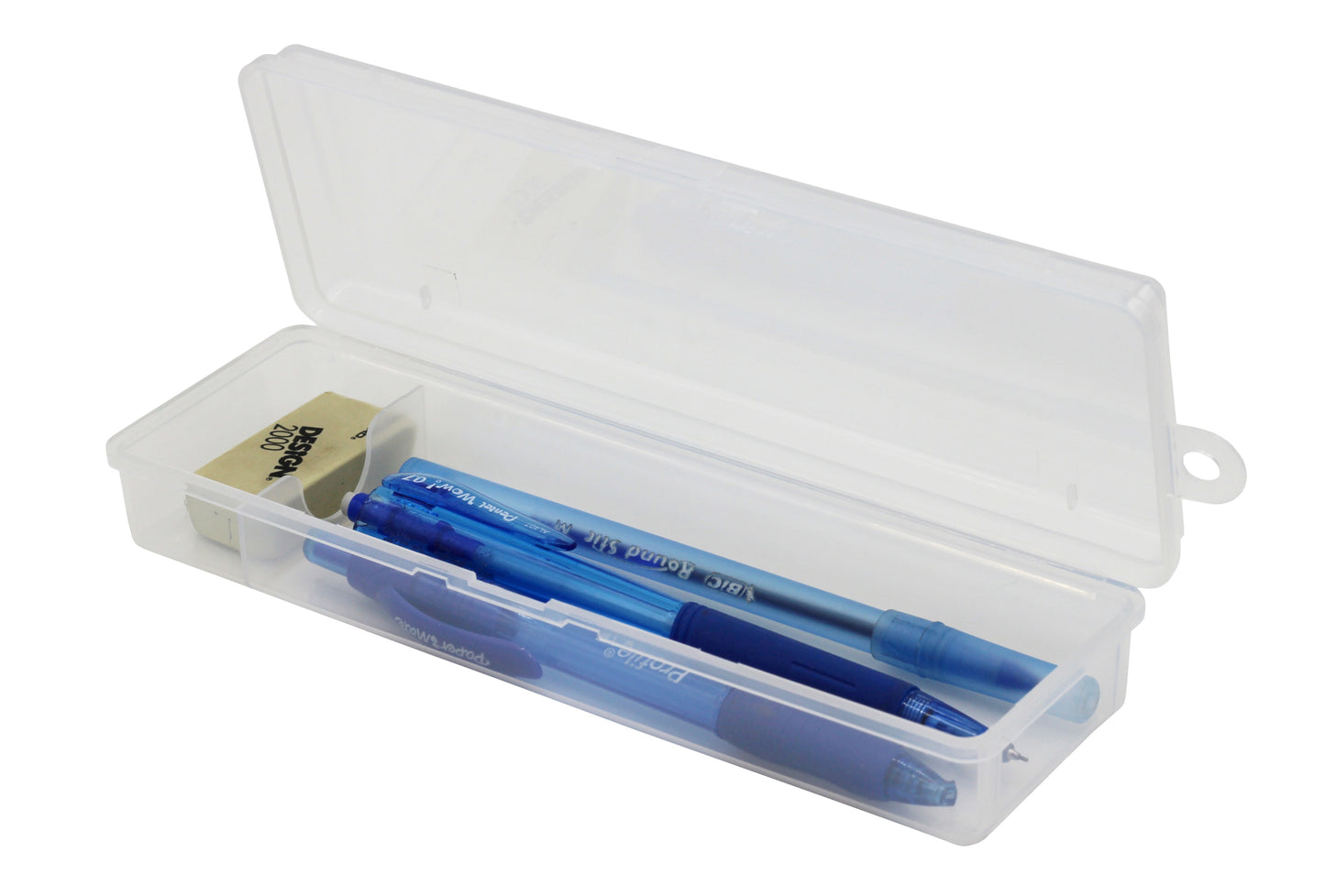 Clear Plastic Pencil Box with Hinged Lid & Snap Closure -for Pencils, Pens, - detail