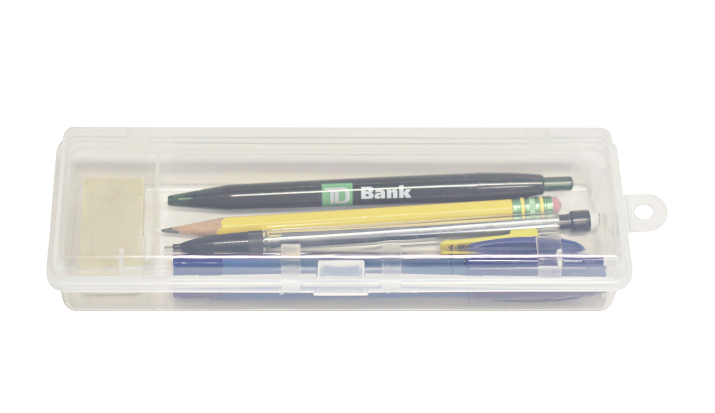 Clear Plastic Pencil Box with Hinged Lid & Snap Closure -for Pencils, Pens, - side view