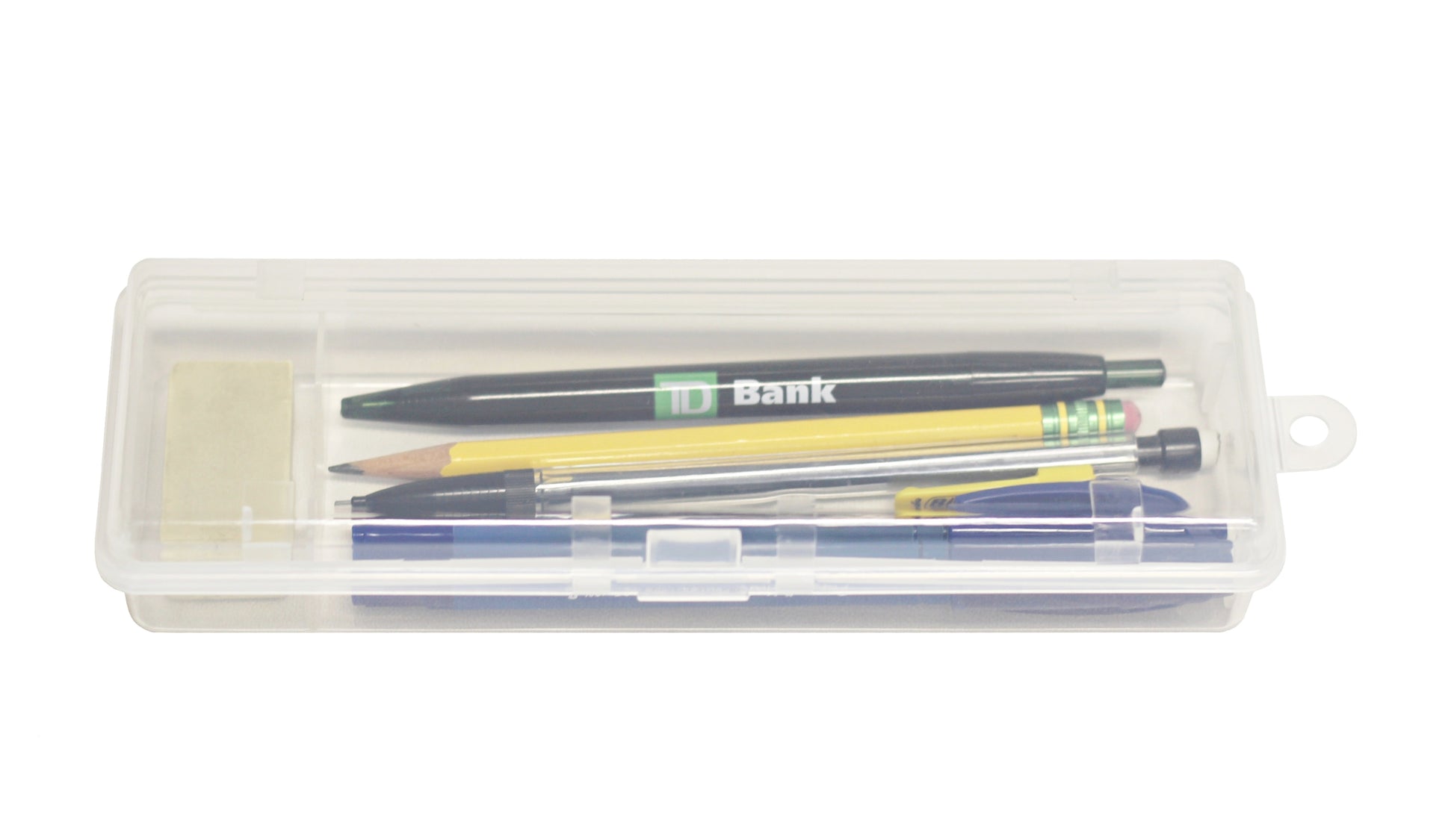 Clear Plastic Pencil Box with Hinged Lid & Snap Closure -for Pencils, Pens, - close-up
