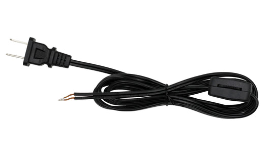6 Foot Black Lamp Cord With Rotary Switch, Polarized Plug, Stripped Ends Ready