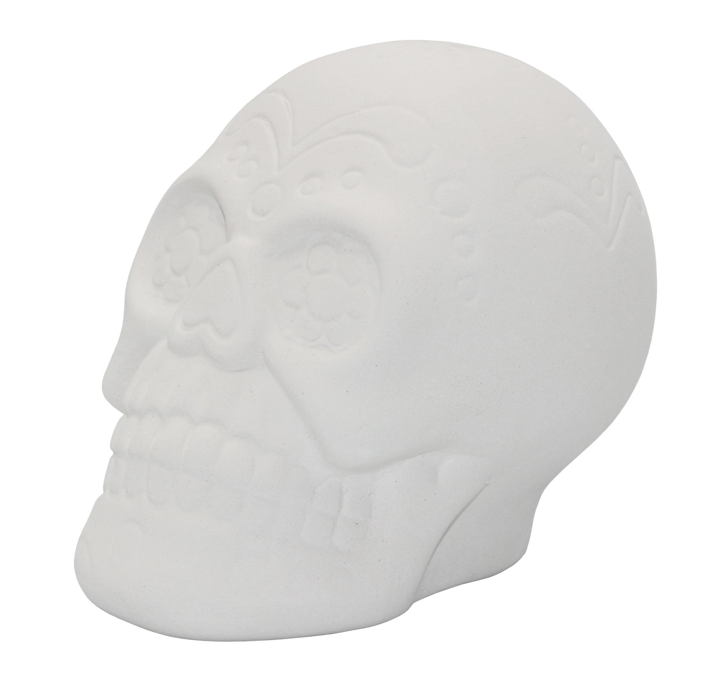 4 Pack of Ceramic Bisque Sugar Skull Shape Halloween Figurines - close-up