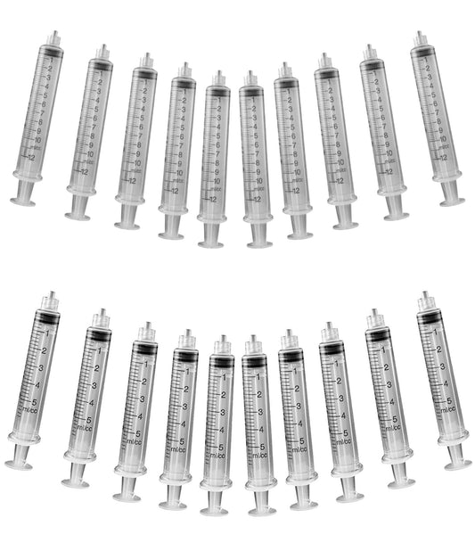 20 Pack of Assorted (5ML & 10ML) Luer Lock Industrial Syringes with No Needles - plastic