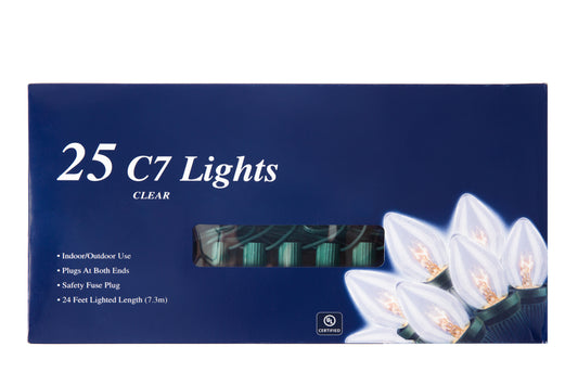 25 Ft Christmas Light String with Clear White C7 Light Bulbs for Indoor/Outdoor