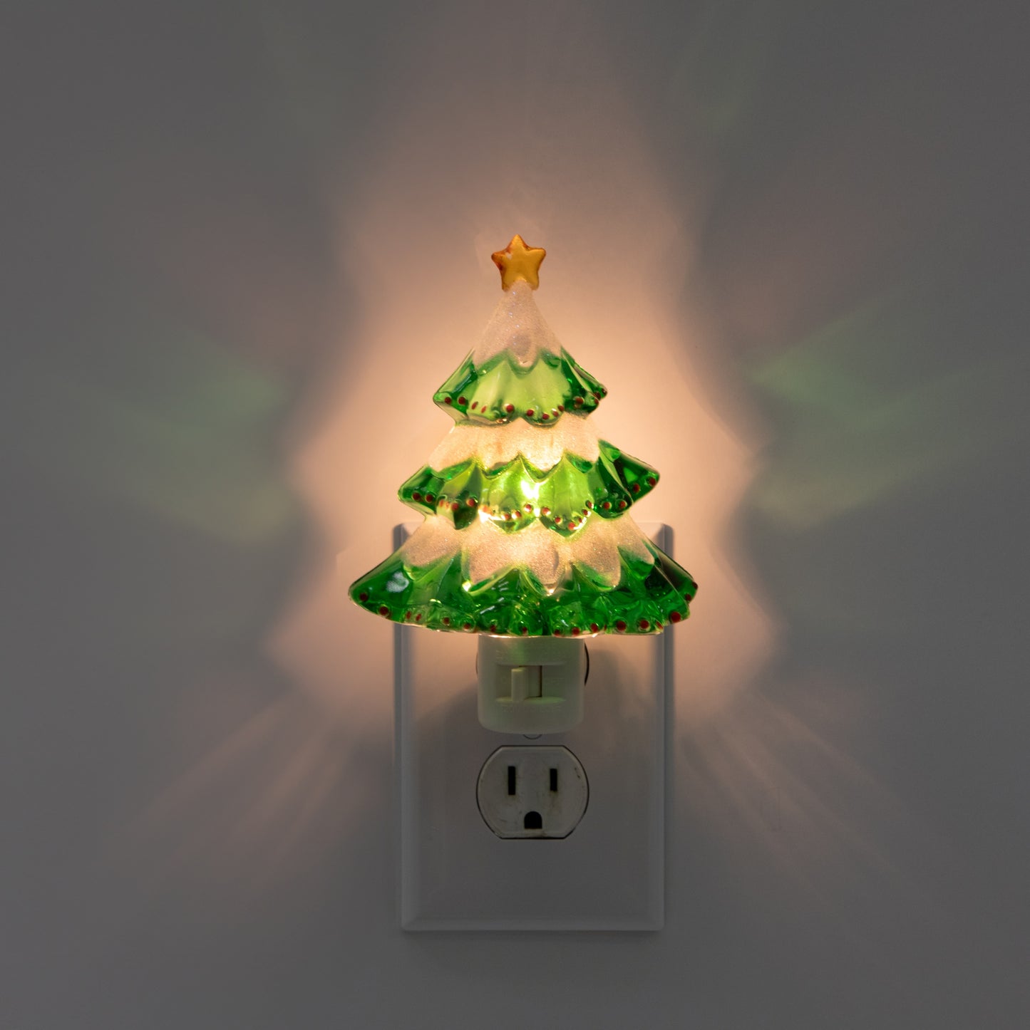 Snow Covered Christmas Tree Holiday Decor Night Lights - close-up