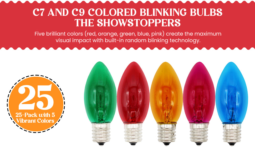 Box of 25 Colored Light Bulbs, Random Blinking, 7 Watt, C7 Candelabra Base - detail
