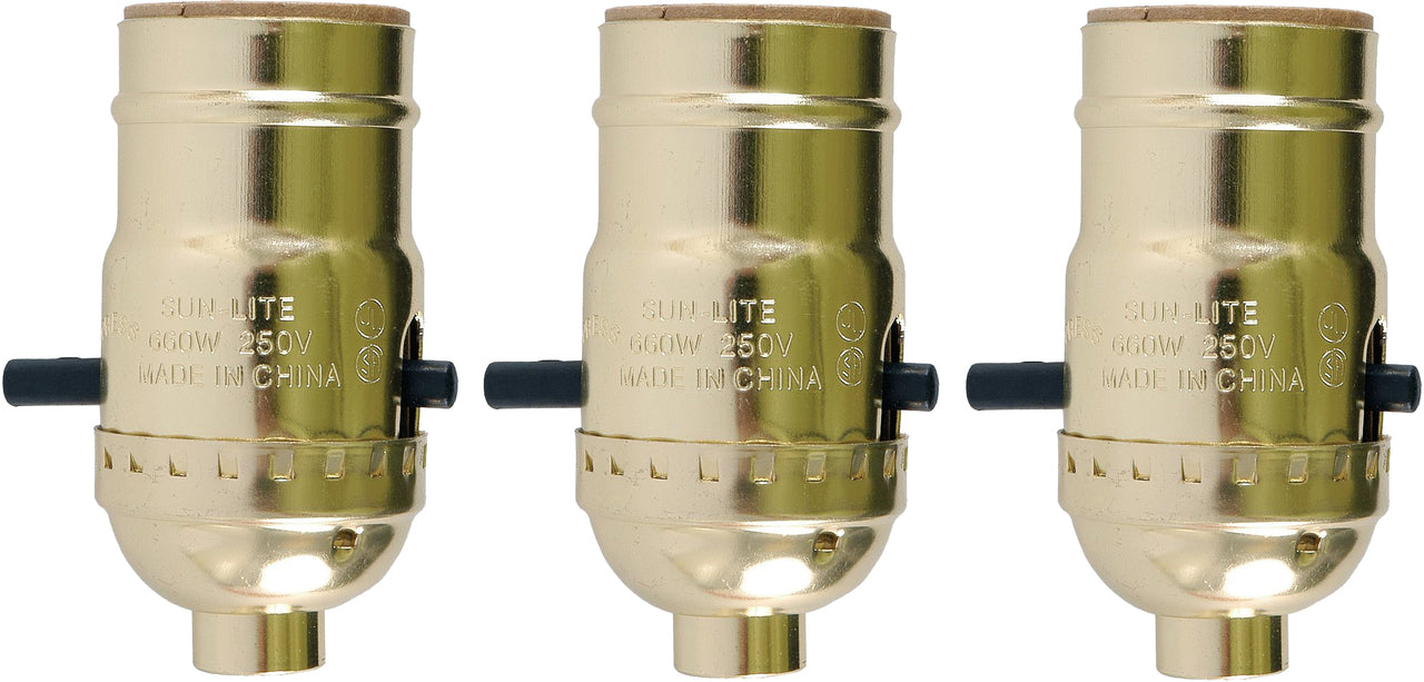 Push Thru Lamp Sockets, Standard Edison Base, Bright Brass Color, Pack of 3
