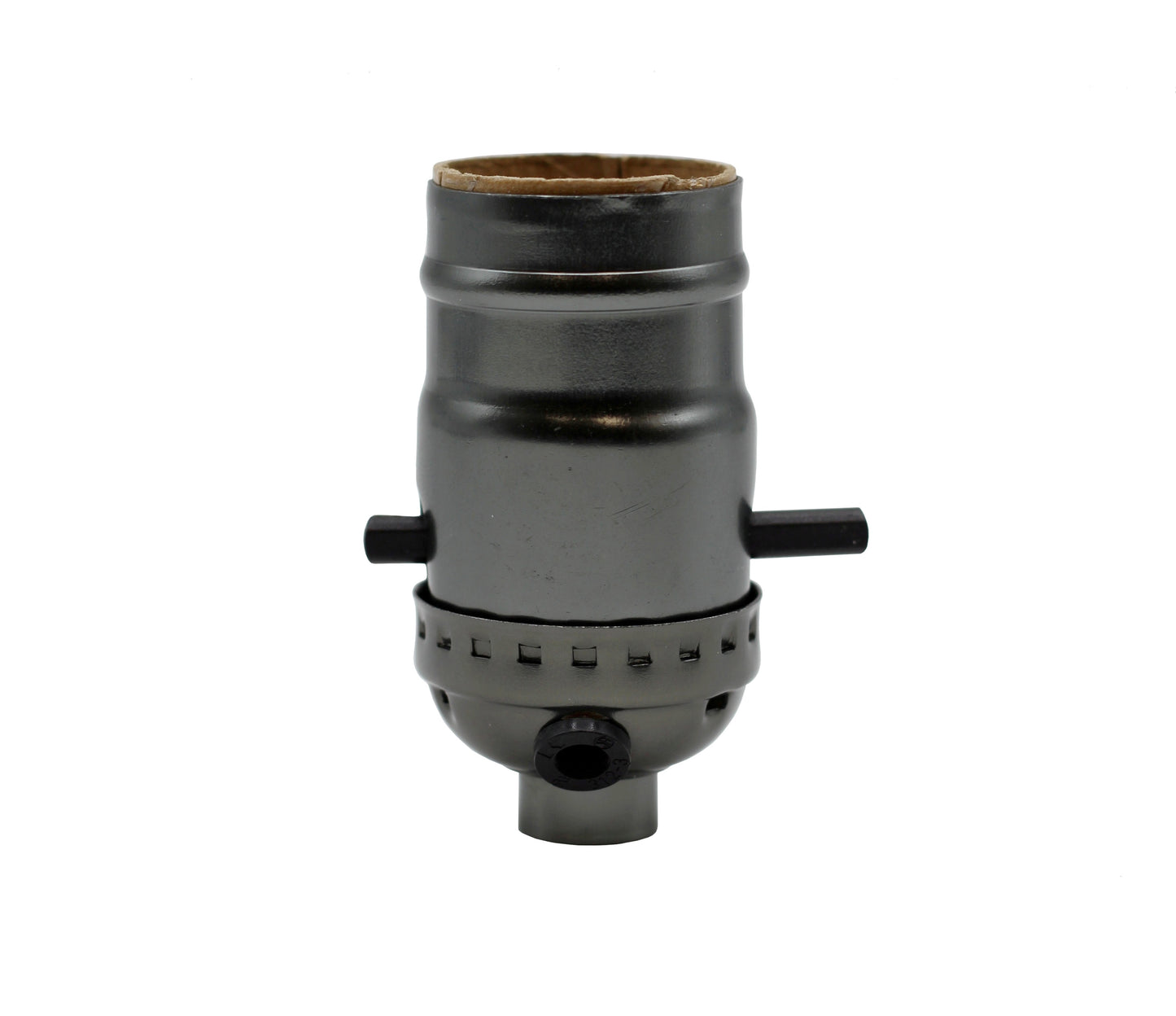 Metallic Grey Medium Base Sockets with Push Thru On/Off Switch and Side Outlet - side view