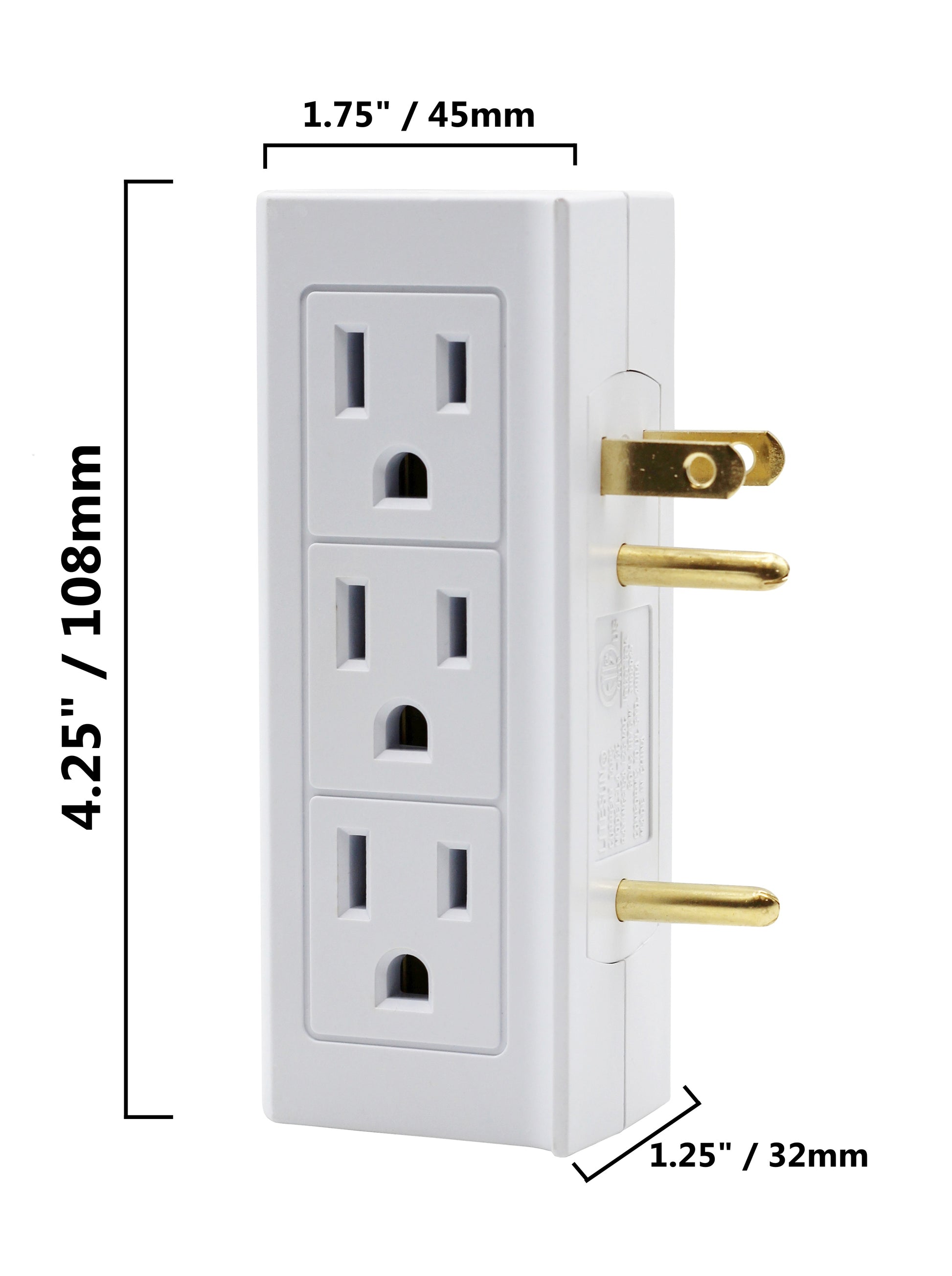 6 Outlet Vertical Extender Wall Tap - Split 2 Outlets Into 6 Grounded with Side - side view