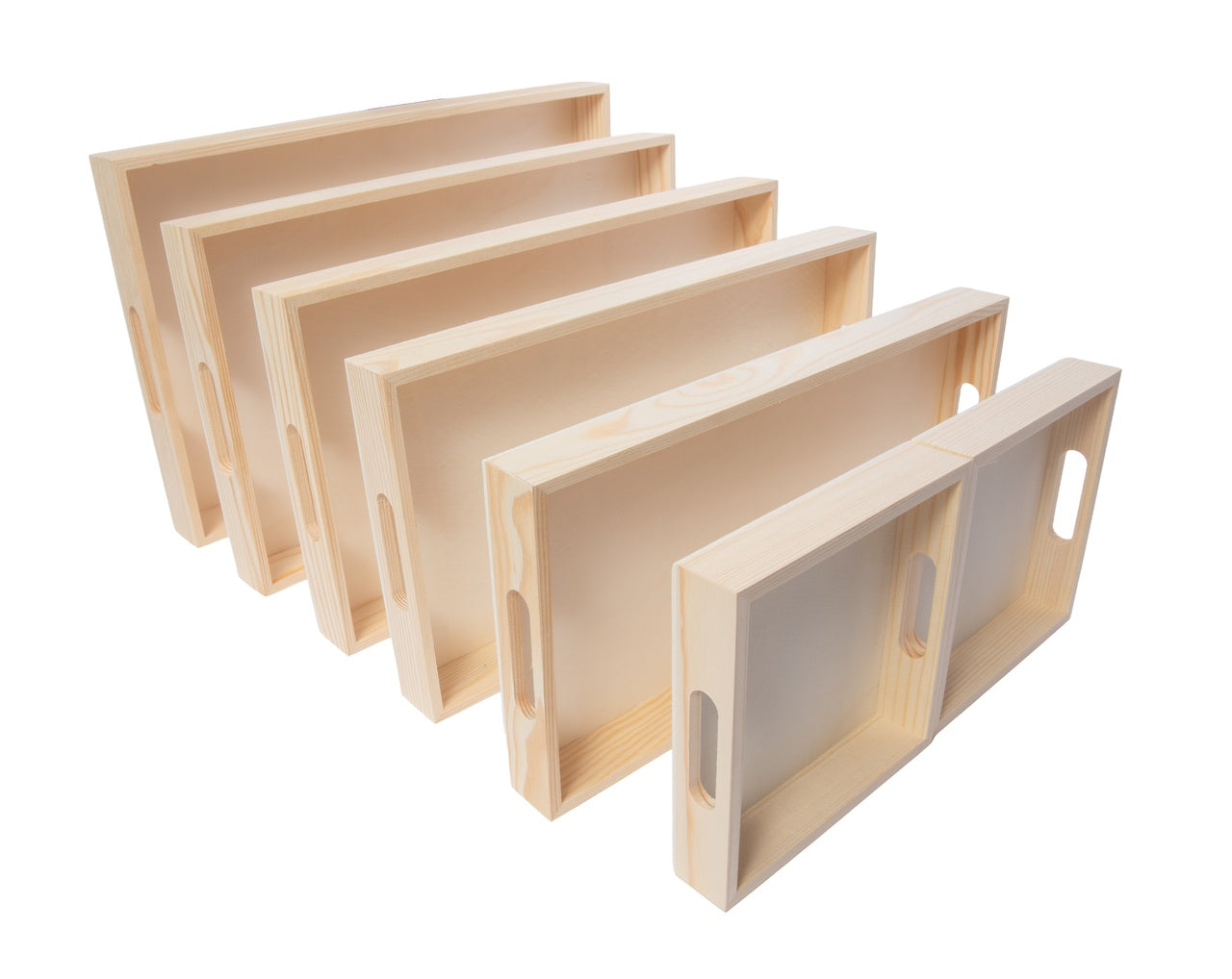 Wooden Nested Serving Trays – Set of 7 Unfinished Rectangle Trays with Cut-Out - side view
