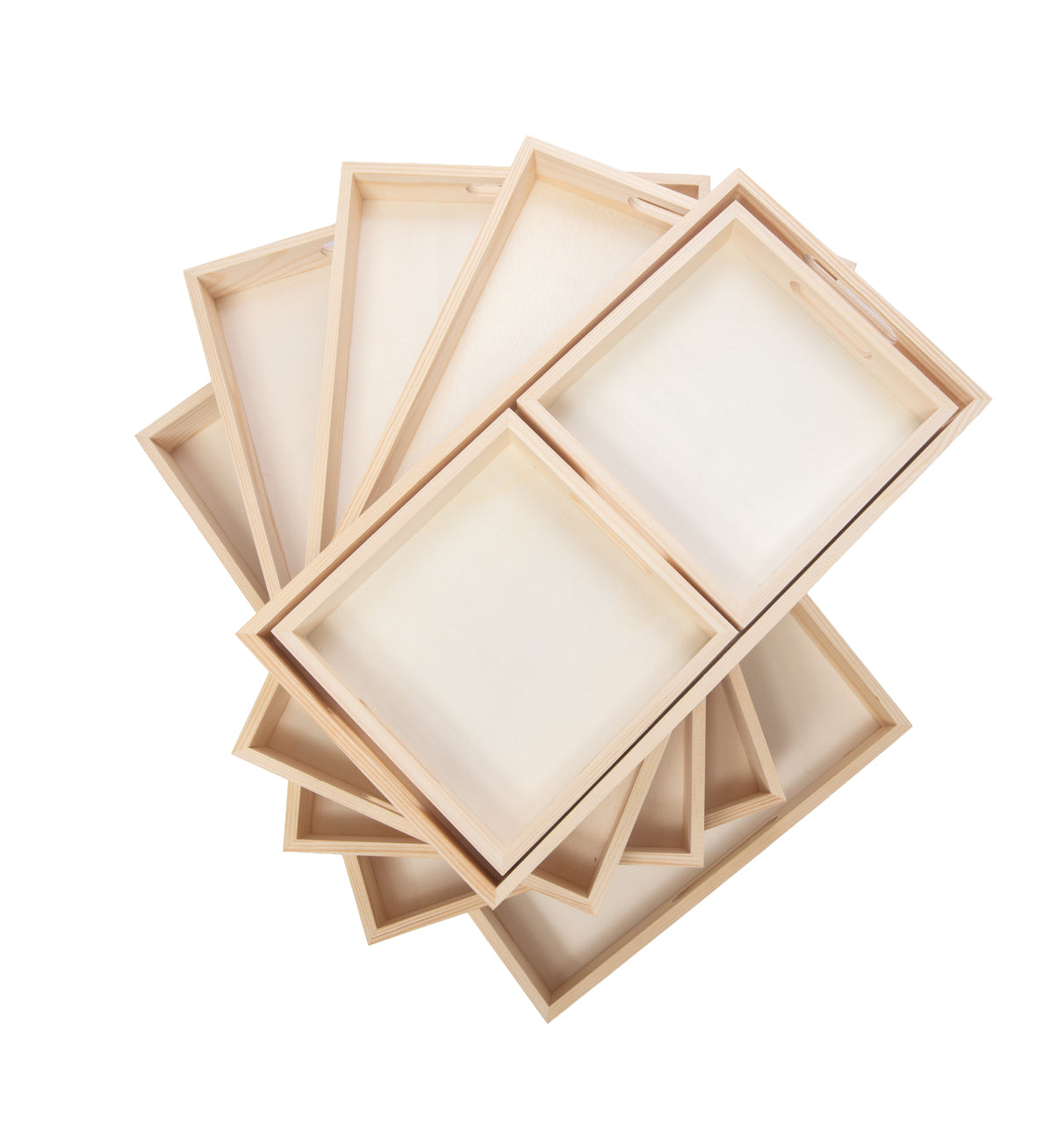 Wooden Nested Serving Trays – Set of 7 Unfinished Rectangle Trays with Cut-Out - close-up