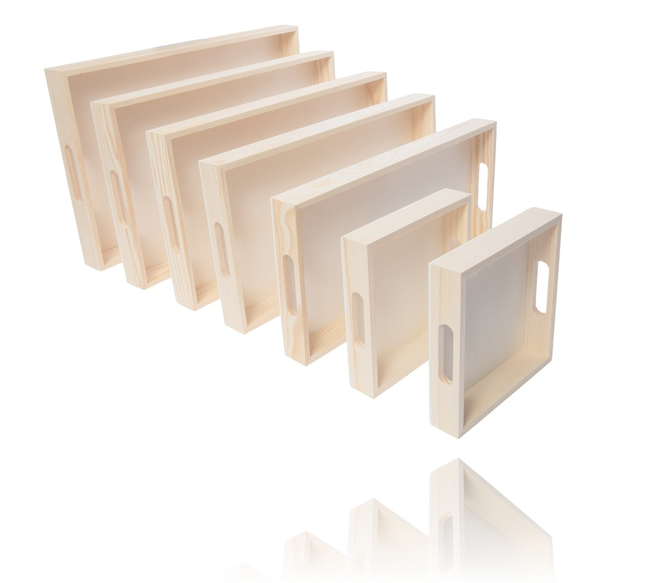 Wooden Nested Serving Trays – Set of 7 Unfinished Rectangle Trays with Cut-Out - for craft