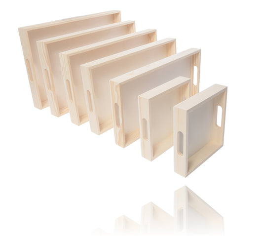 Wooden Nested Serving Trays – Set of 7 Unfinished Rectangle Trays with Cut-Out - for craft