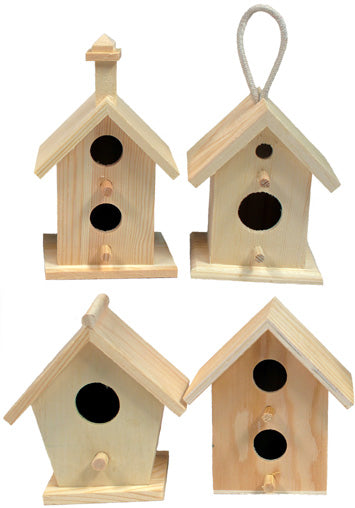 Creative Hobbies® Mini 4 Inch Tall Birdhouse, Set of 4 Styles, Unfinished Wood - for craft