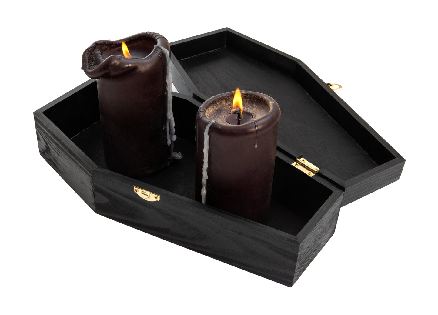 12" Black Painted Wood Coffin Box - Halloween Coffin Box, Fillable Hinged Box - side view