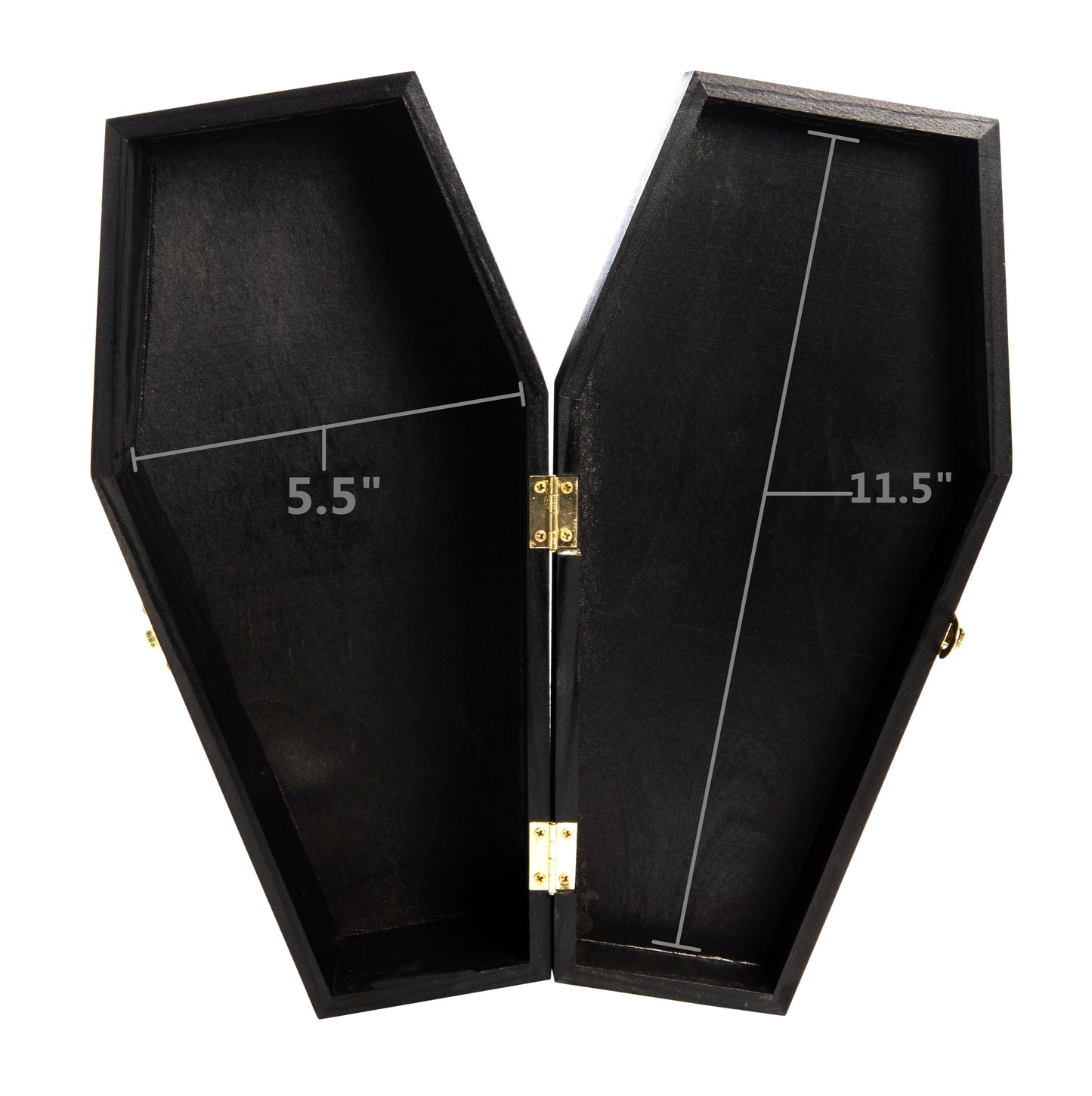 12" Black Painted Wood Coffin Box - Halloween Coffin Box, Fillable Hinged Box - detail