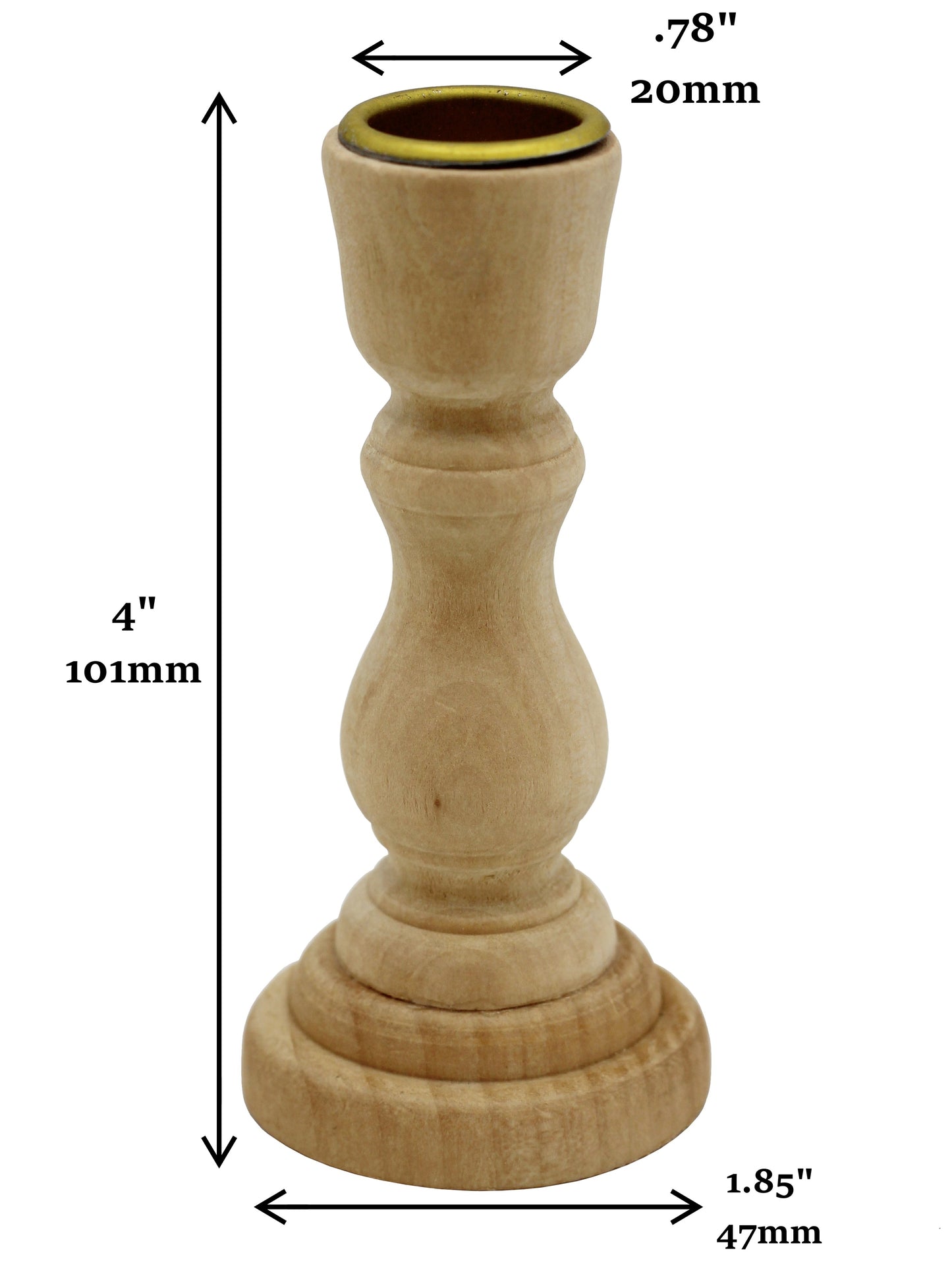 4 Inch Tall Unfinished Wooden Candlesticks with Metal Candle Holder Cup Center - side view